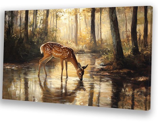 Cerf au bord d&rsquo;un étang forestier à la lumière du matin – Décoration murale cerf – Peintures animalières – Art réaliste – Décoration murale industrielle – Décoration de chambre – toile 70×50 cm