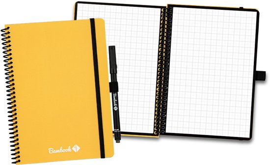 Cahier effaçable coloré Bambook – Jaune – Couverture souple – A5 – À carreaux – Cahier tableau blanc durable et réutilisable – Avec 1 marqueur gratuit