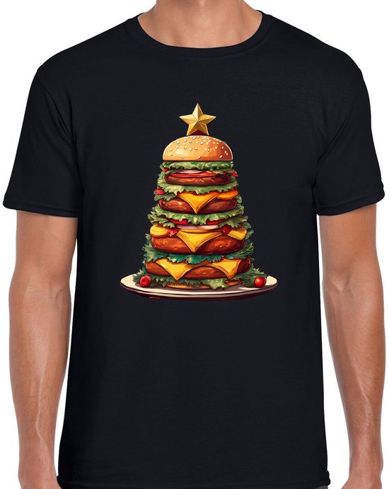 Bellatio Decorations T-shirt de Noël pour hommes – sapin de Noël en hamburgers – noir – fan de burger – Noël S