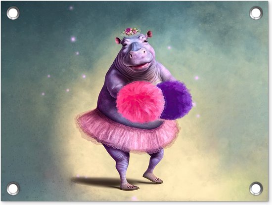 Décoration de Jardin Hippopotame – Fleurs – Ballerine – Pompons – Portrait – Kids – 40×30 cm