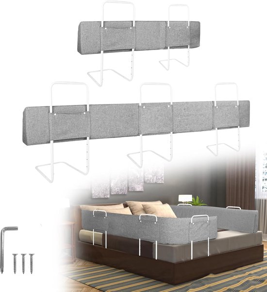 Barrière de lit NAIZY 200 cm Barrière de lit Extra longue pour enfants Protection de barrière de lit réglable en hauteur à 5 trous Barrière de lit flexible et déformable pour enfants, pour lits d&rsquo;enfants et lits familiaux (gris)