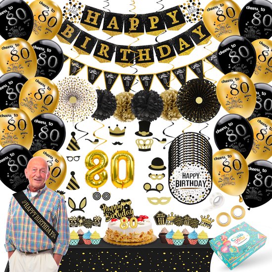 Celejoy® 80 ans 92 pièces Zwart et or fête d&rsquo;anniversaire Pack – Ballons, Guirlandes et drapeaux et gâteau – pour Garçons, Filles – décoration de fête ultime