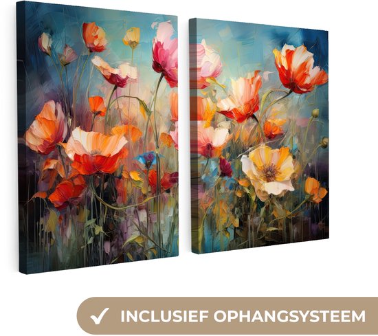 Ensemble de peintures sur toile 180×120 cm – Décoration murale diptyque – Fleurs – Coloré – Abstrait – Décoration murale salon – Décoration chambre – Accessoires chambre – Peintures sur toile
