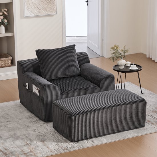 Fauteuil de salon surdimensionné avec marches, fauteuil en velours avec poches latérales et kussen, assise profonde, fauteuil rembourré moderne, fauteuil inclinable doux sans bords durs, aucun assemblage requis – Grijs