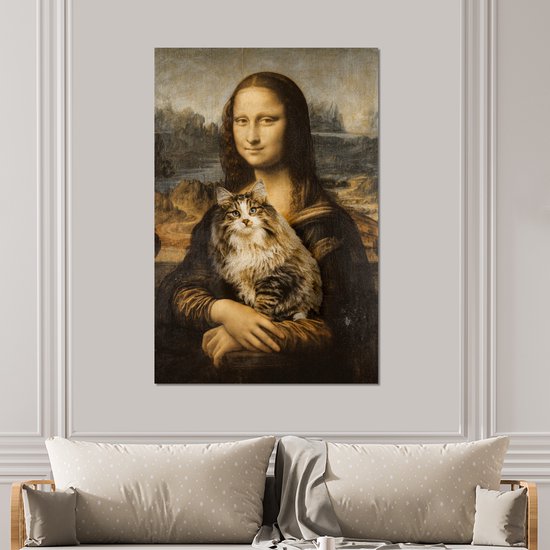Décoration murale Métal – Aluminium Peinture Industriel – Mona Lisa – Chat – Leonardo de Vinci – Vintage – Oeuvre d&rsquo;art – Maîtres anciens – Tableau – 100×150 cm – Dibond – Photo sur aluminium – Décoration murale industrielle – Pour le salon/chambre