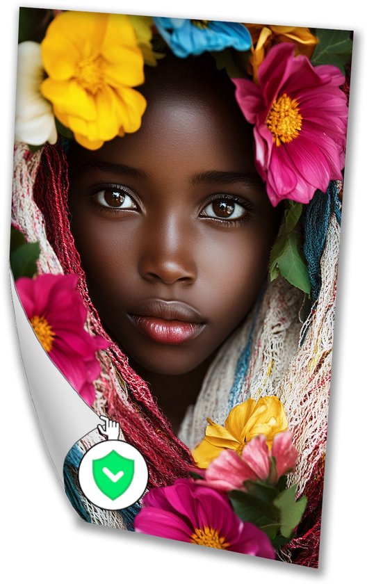 Fille entourée de fleurs colorées – Affiches portrait – Décoration murale fille – Réalisme – Affiches salon – Décoration chambre à coucher – affiche 100×150 cm