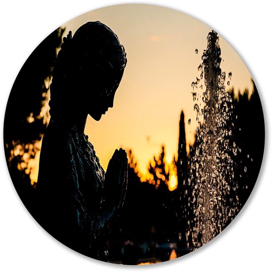 Femme et fontaine au coucher du soleil – Cercles muraux silhouettes – Statue de bols muraux – Fontaine – Art mural Forex rond – Art mural bohème – Cercle mural Forex 80×80 cm