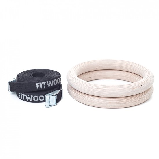 Bagues de gymnastique FitWood Ceintures noires Ceintures blanches – Anneaux en bois avec Liserés réglables (5 m) – Pour tractions, dips et callisthénie – Peut supporter jusqu&rsquo;à 150 kg – Bois Wit ou non traité