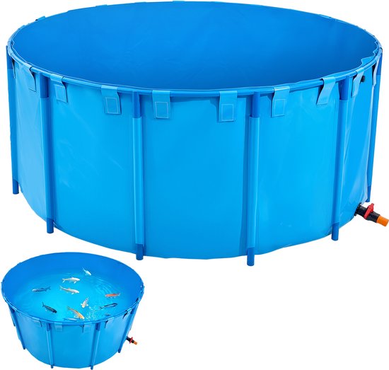 Bassin à poissons en PVC – Bac d&rsquo;élevage de carpes koï pliable – 5000 litres – Rond avec cadre robuste – Robinet de vidange – Aquaculture et irrigation – Bleu