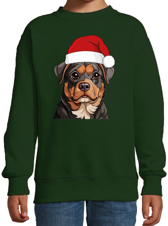 Bellatio Decorations Pull de Noël / sweater chiens – enfants – rottweiler – vert – bonnet de Noël – Noël 98/104