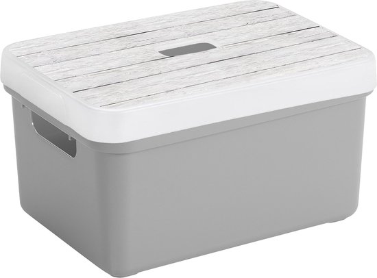 Boîte de Opbergbox Sunware – gris clair – 13L – plastique avec couvercle couleur bois