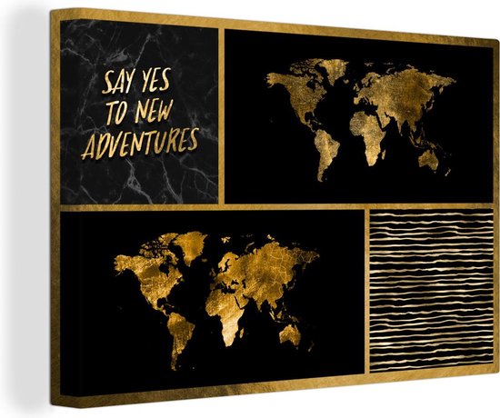Décoration murale Carte du Wereldkaart – Collage – Proverbes – Or – Toile – 150×100 cm