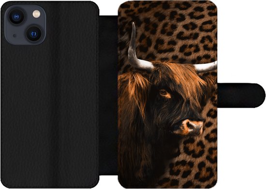 Étui pour iPhone 13 Bookcase – Highlander écossais – Fourrure – Imprimé panthère – Avec compartiments – Étui portefeuille avec fermeture magnétique